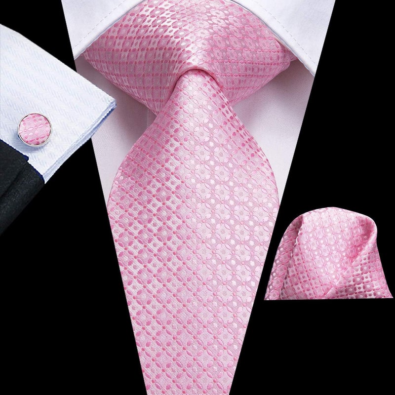 Dubulle Mens Light Pink Floral Silk Tie for Men Striped Necktie and Pocket Square Cufflinks Set Wedding Business - Image 3